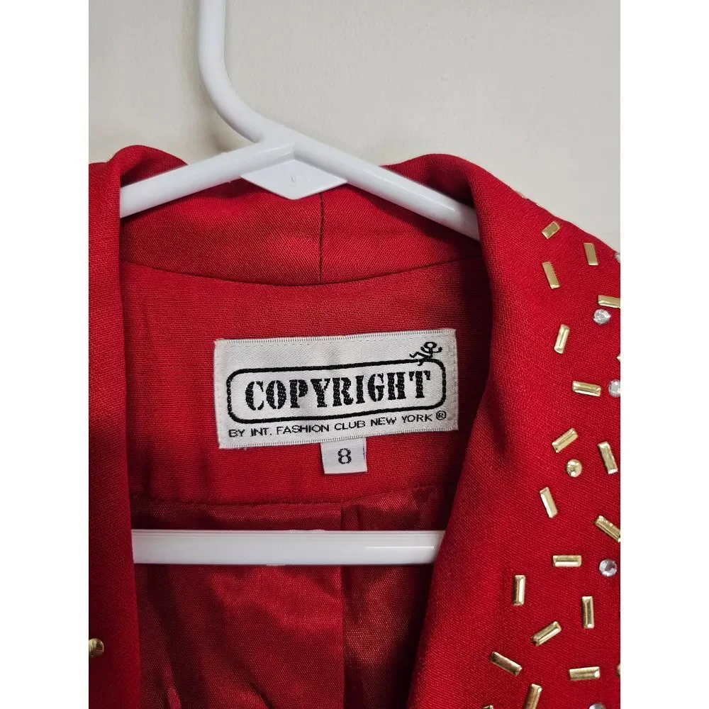 Copyright by Int Fashion Club New York Red Blazer w/ Beaded Collar Women's Sz 8‎
